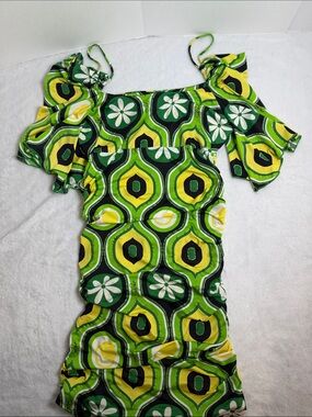Y2K Baby Phat Halter Mini Dress with a Green and Yellow geometric pattern L